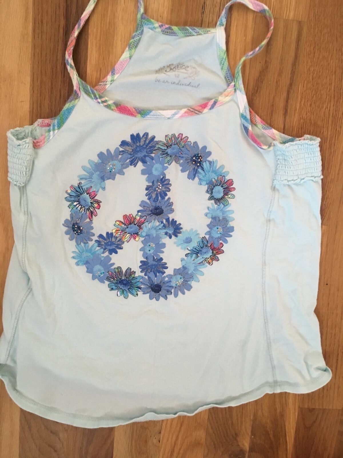 Justice Girls Spaghetti Strap Tank With Flower Peace Graphic Blue Size 12